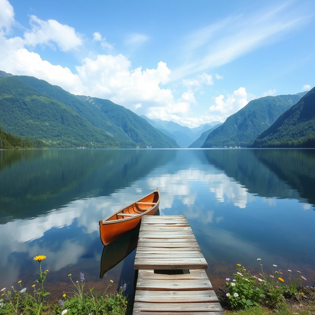 A serene landscape depicting a tranquil lake surrounded by lush green mountains with a clear blue sky