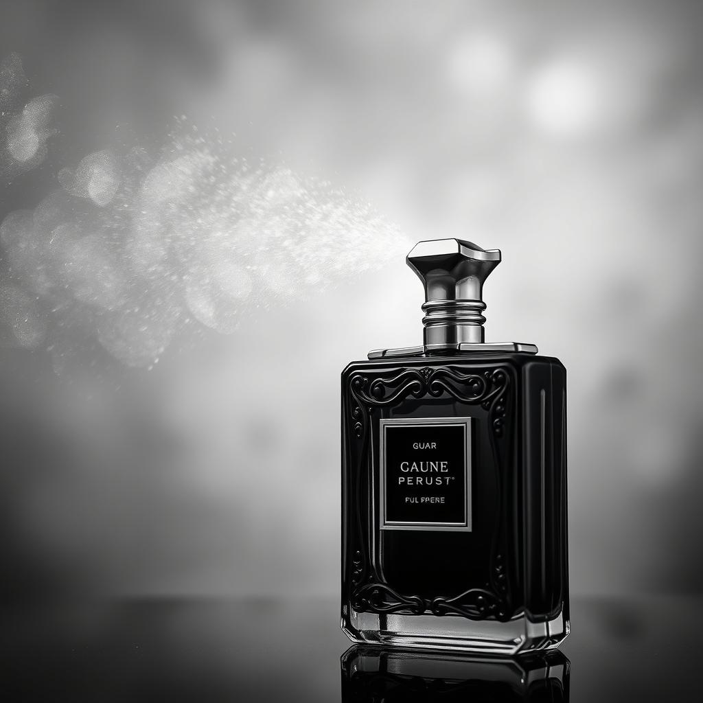 A luxurious black and white photograph capturing an elegant perfume bottle in mid-spray, with fine mist glistening in the air