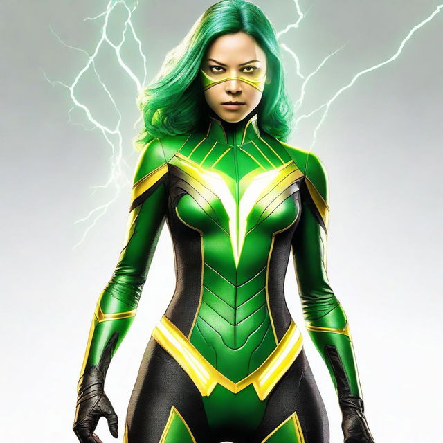 An MCU-style female superheroine costume in green and black with yellow lightning lines throughout, featuring technological details that suggest an association with electricity. Depicting yellow lightning eyes, set against a white background.