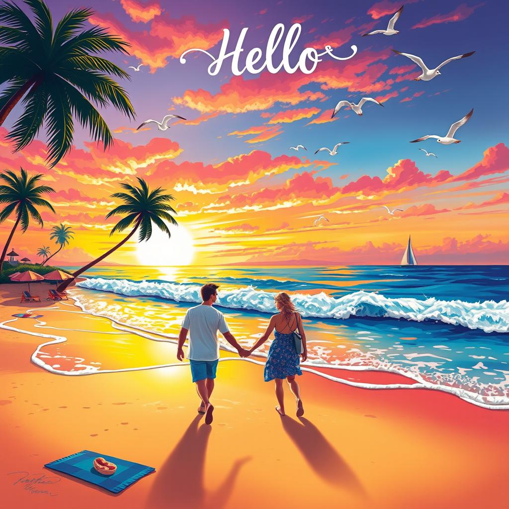 Hello! A vibrant and colorful scene depicting a beach sunset with waves crashing on the shore, palm trees swaying gently in the breeze, and a couple walking hand in hand along the water's edge