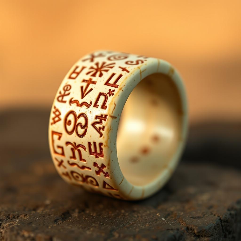 An exquisite rune carved bone ring, featuring intricate and mystical symbols etched deeply into the surface