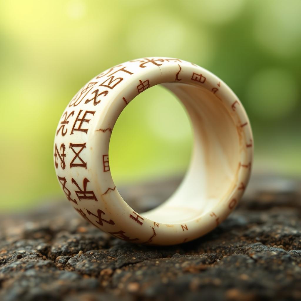 An intricately designed rune carved bone ring, featuring an array of mystical symbols and ancient engravings that tell a story of magic and history