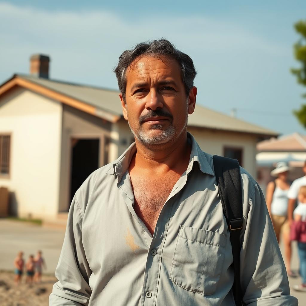 A full body portrait of a man named Santiago, standing or walking casually with a small house in the background