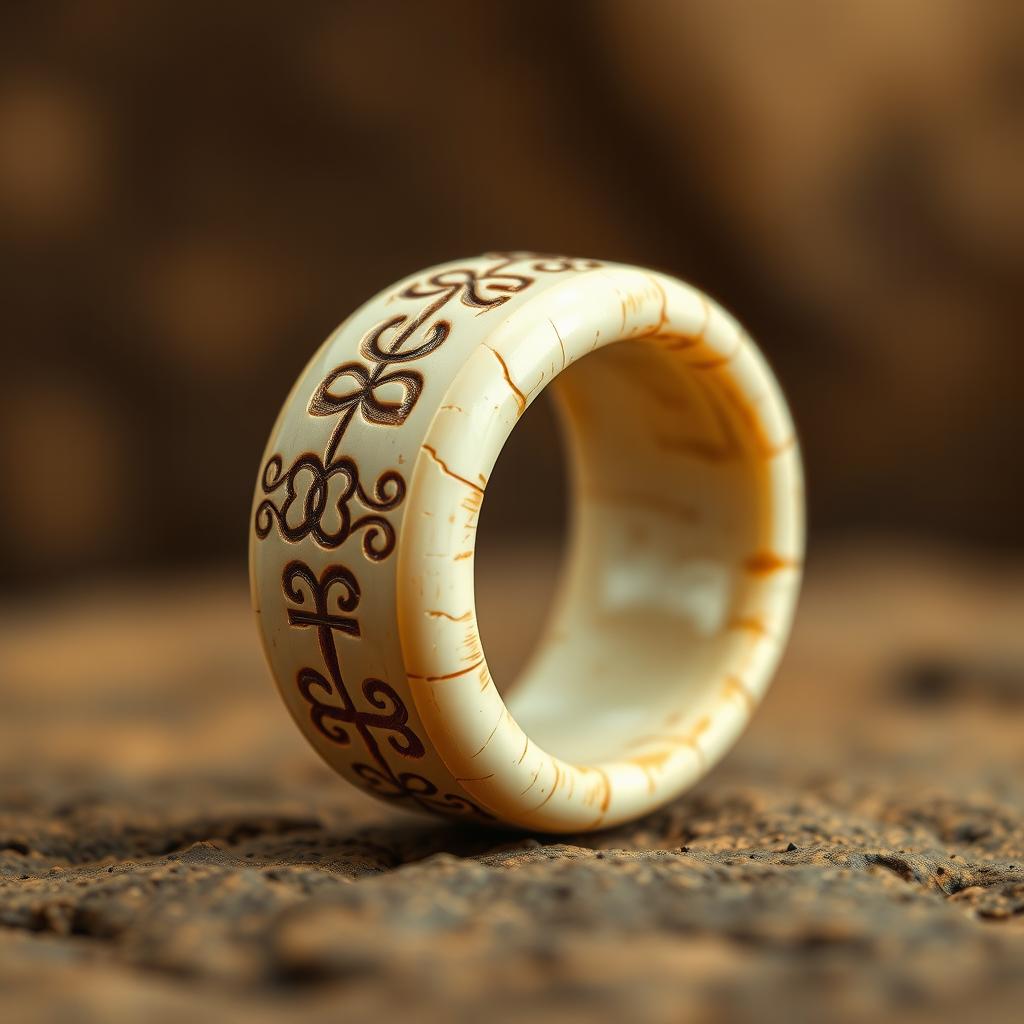 An elaborately designed rune carved bone ring, showcasing intricate and ancient symbols meticulously etched into the surface
