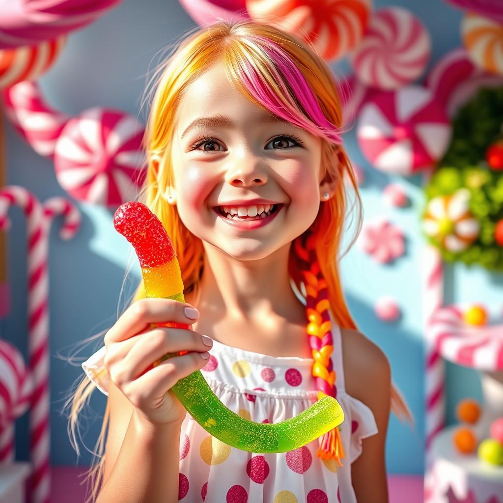 A playful scene featuring a cheerful girl with a vibrant, colorful gummy worm in her hand