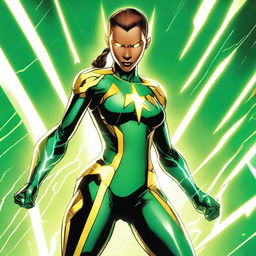 Light brown-skinned female in a green and black MCU-style technological superhero costume, with yellow lightning lines. The costume incorporates techno details symbolizing her connection to electricity, with yellow lightning-like eyes on a white background.