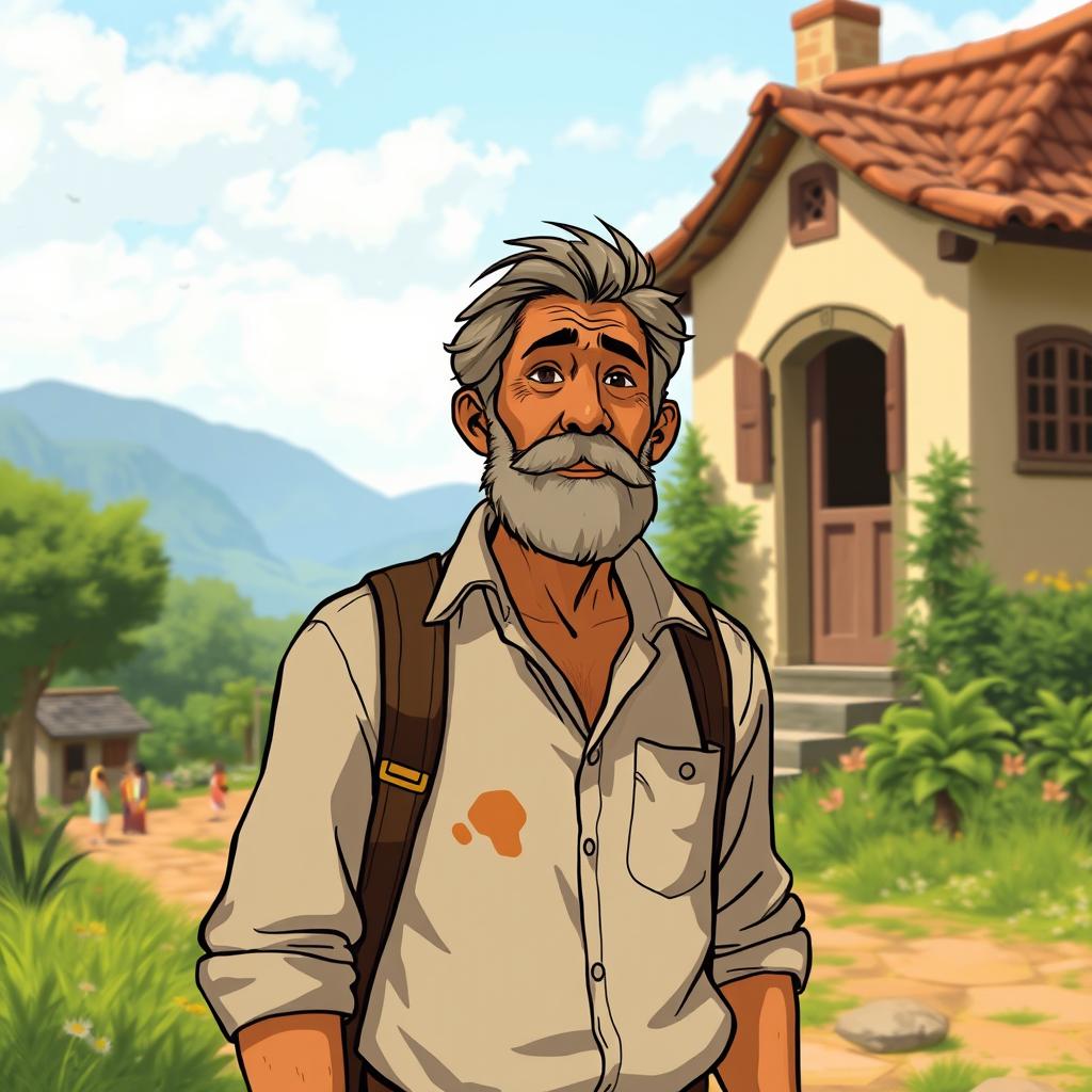 A scene depicting Santiago standing or walking, with a quaint little house in the background