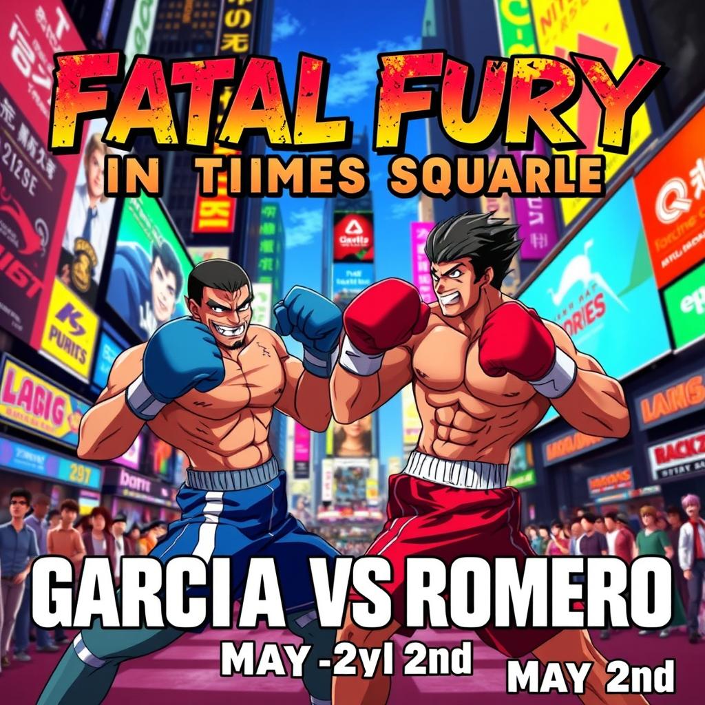 A vibrant and dynamic anime-style boxing poster featuring two fierce characters, Garcia and Romero, in an intense third-image setting