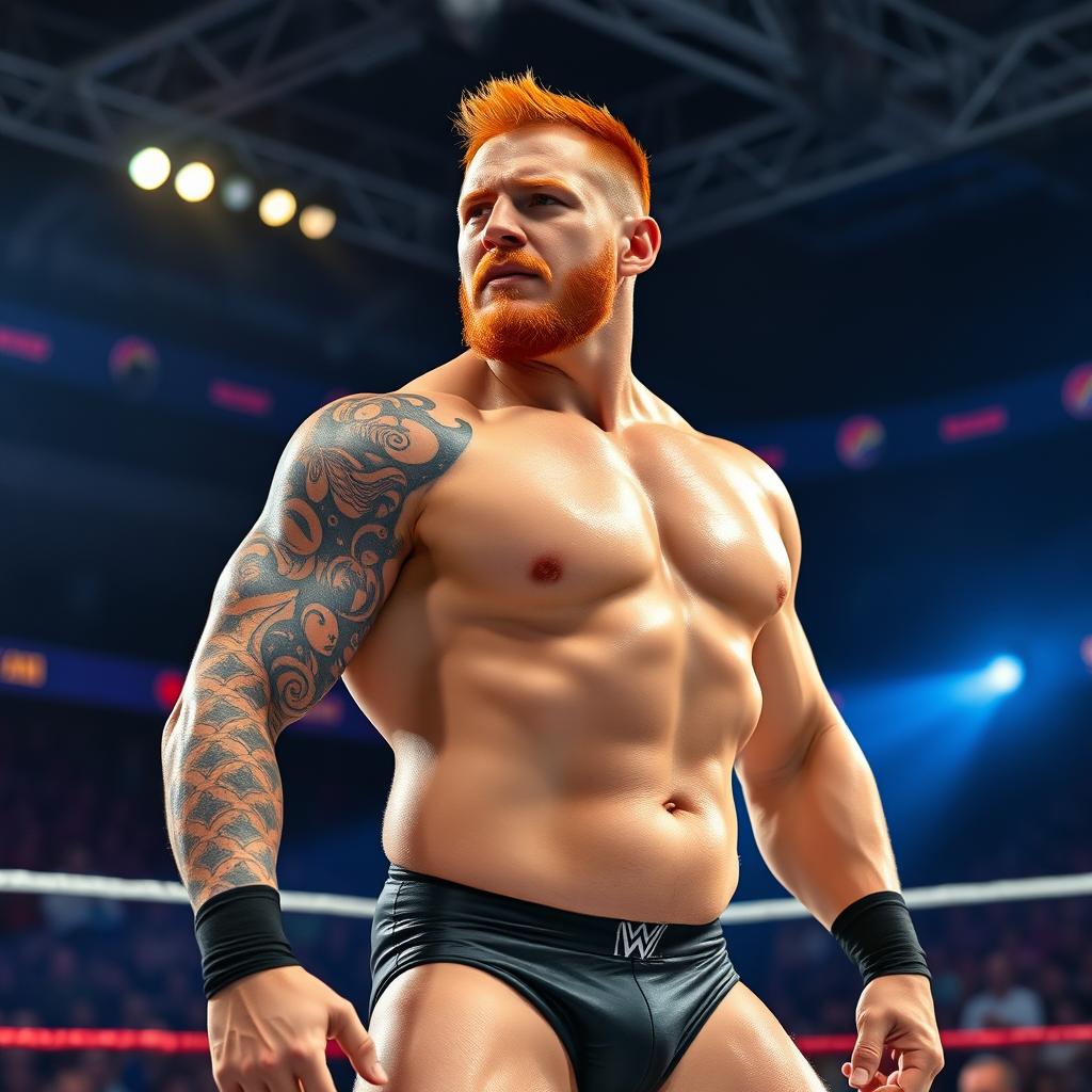 A powerful wrestler with ginger short hair, showcasing a full-body stance