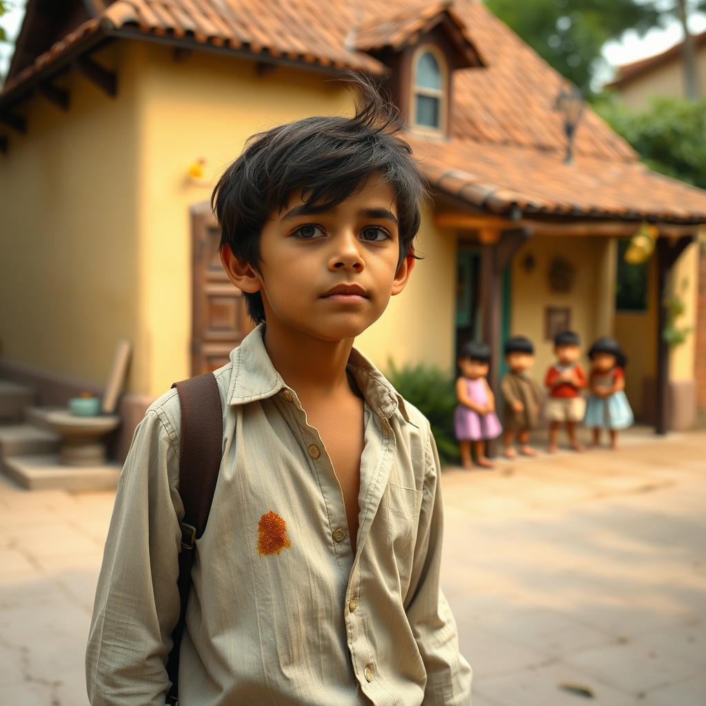A scene featuring a young Santiago standing or walking, with a quaint little house in the background