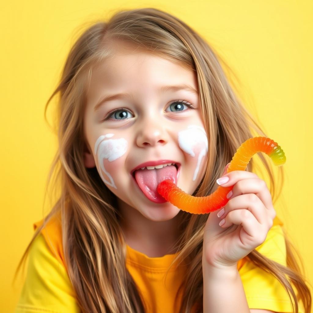 A cute girl playfully licking a colorful gummy worm, with a delighted expression on her face