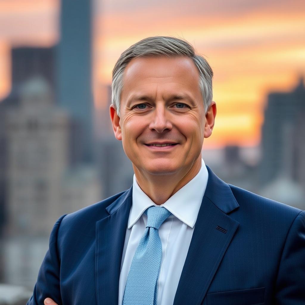 A portrait of a middle-aged man standing confidently, with a blurred background that features a soft-focus cityscape at sunset