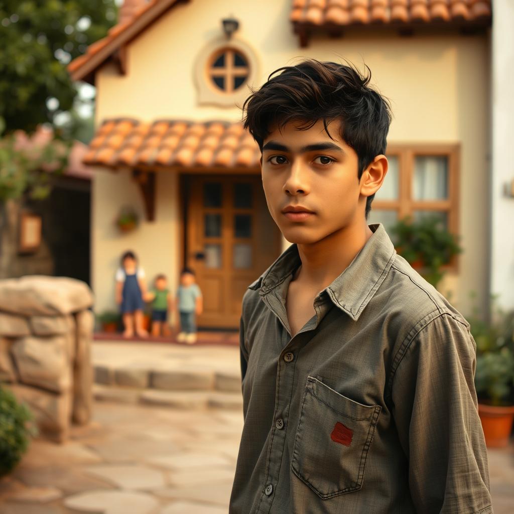 A scene featuring a young adult named Santiago, standing or walking, with a charming little house in the background