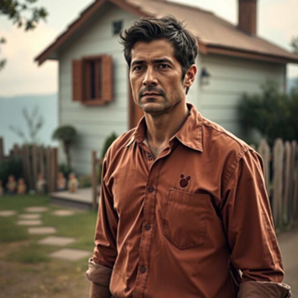 A scene featuring adult Santiago standing or walking, with a quaint little house in the background