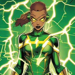 Light brown-skinned female in a green and black MCU-style technological superhero costume, with yellow lightning lines. The costume incorporates techno details symbolizing her connection to electricity, with yellow lightning-like eyes on a white background.