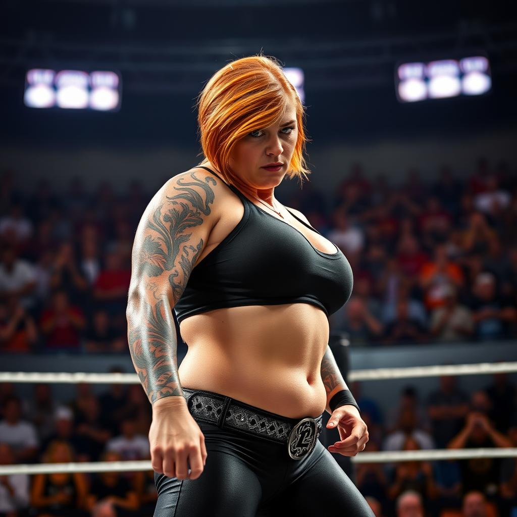 A fierce female wrestler with ginger short hair, captured in a full-body pose