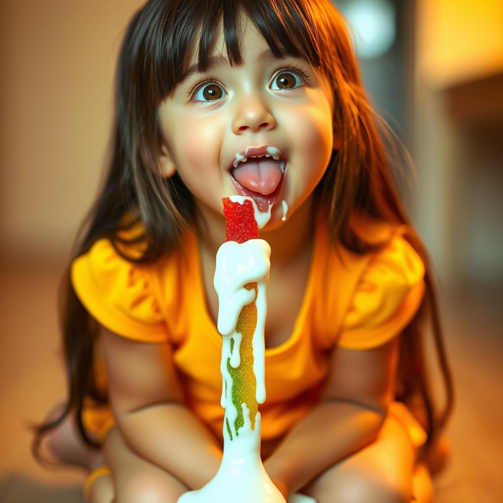 A cute girl kneeling and looking up with an innocent, playful expression