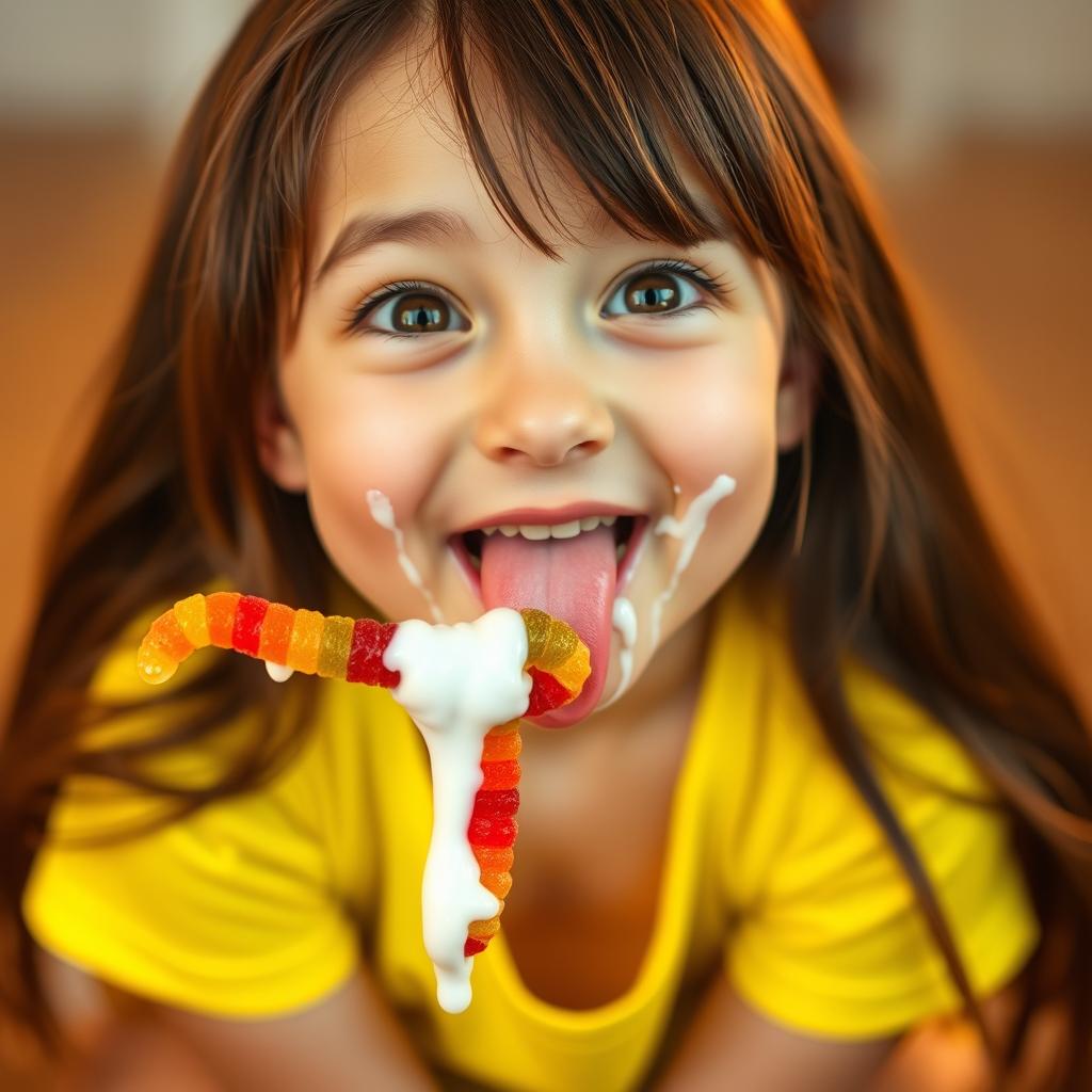 A close-up of a cute girl kneeling and looking up with a joyful expression