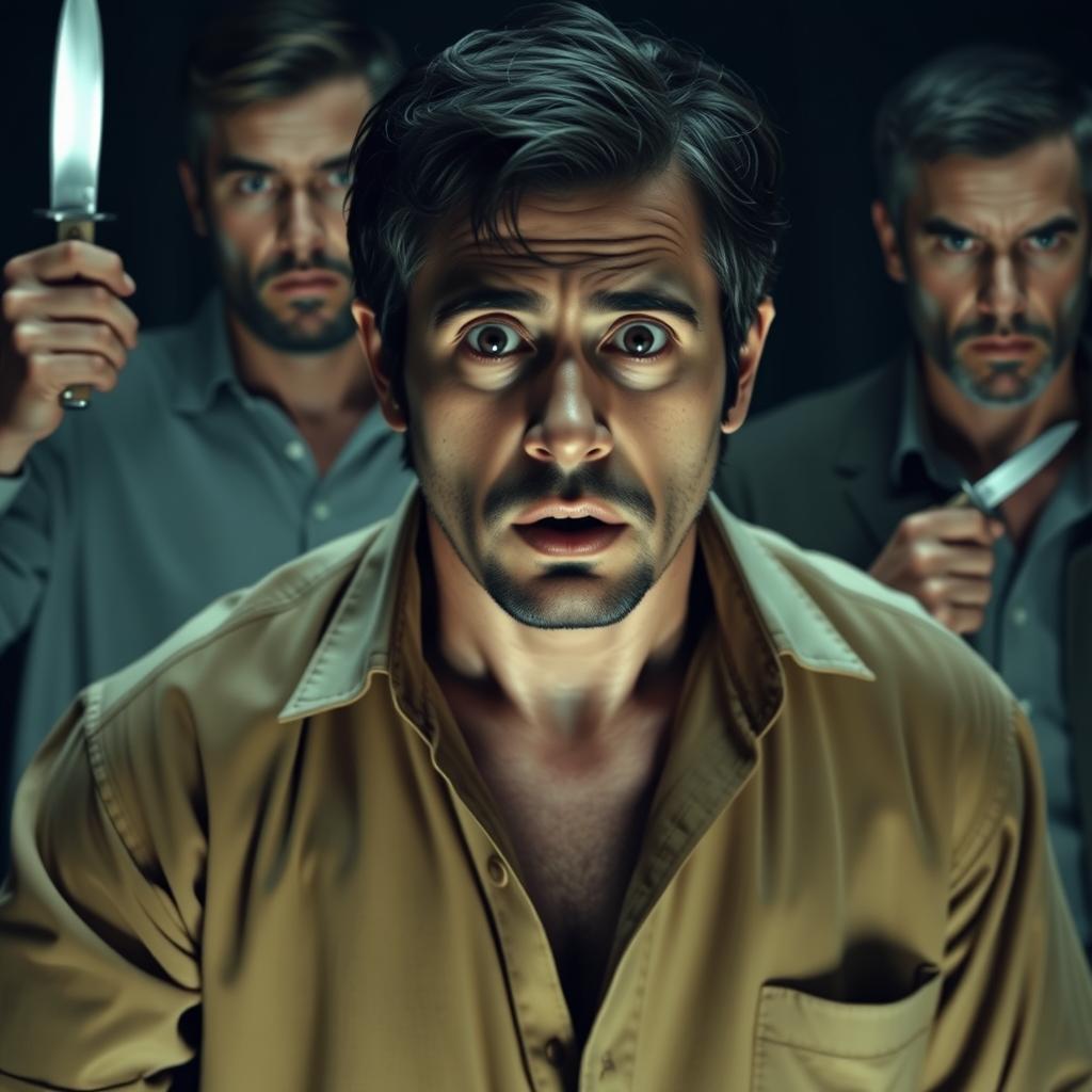 A scene depicting adult Santiago in the foreground, looking surprised