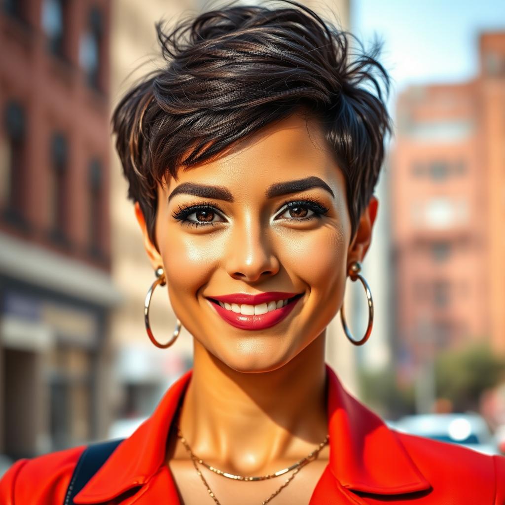 A stylish woman with chic, short hair, exuding confidence and modern flair