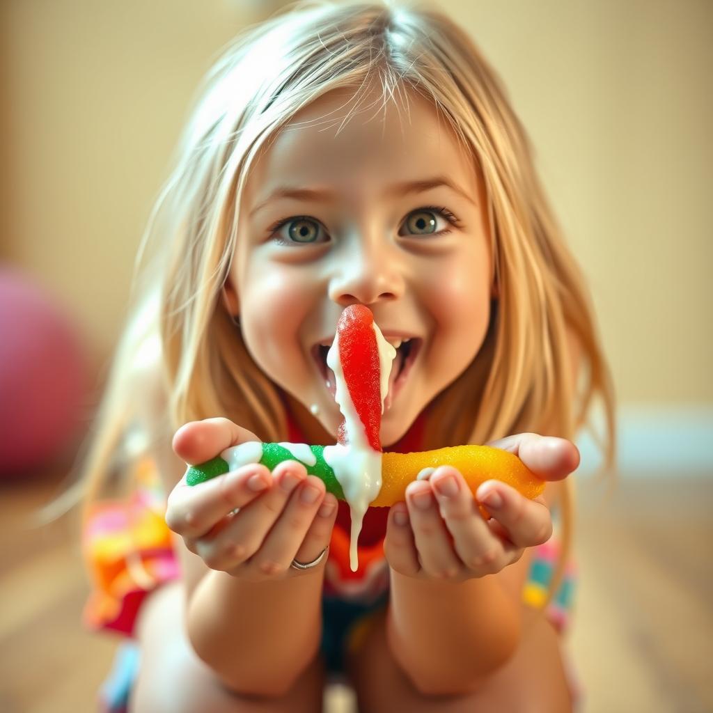 A close-up of a cute blonde girl kneeling and looking up with a bright, playful expression