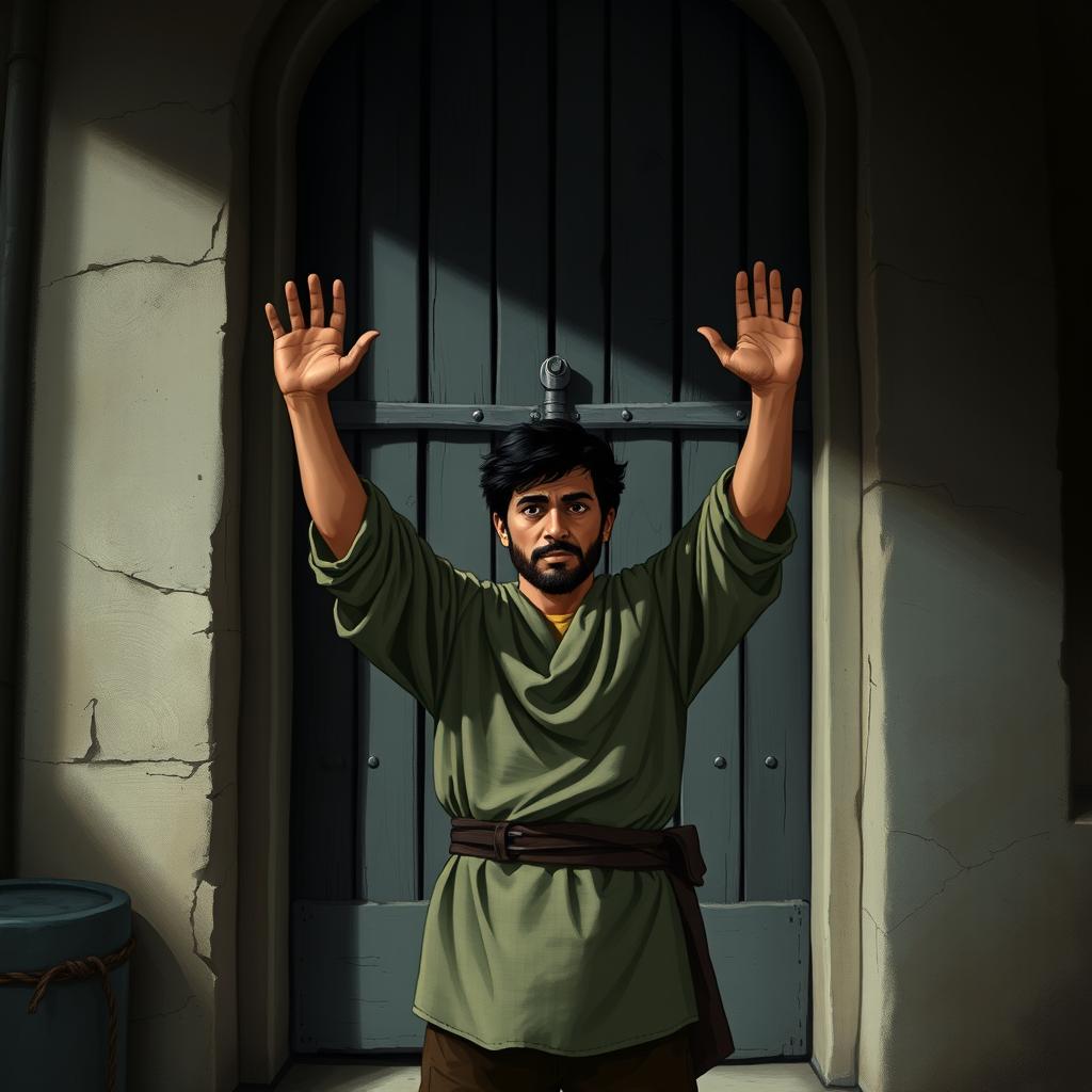 A scene depicting adult Santiago standing in front of a large door, raising his arms as if he is about to knock on it