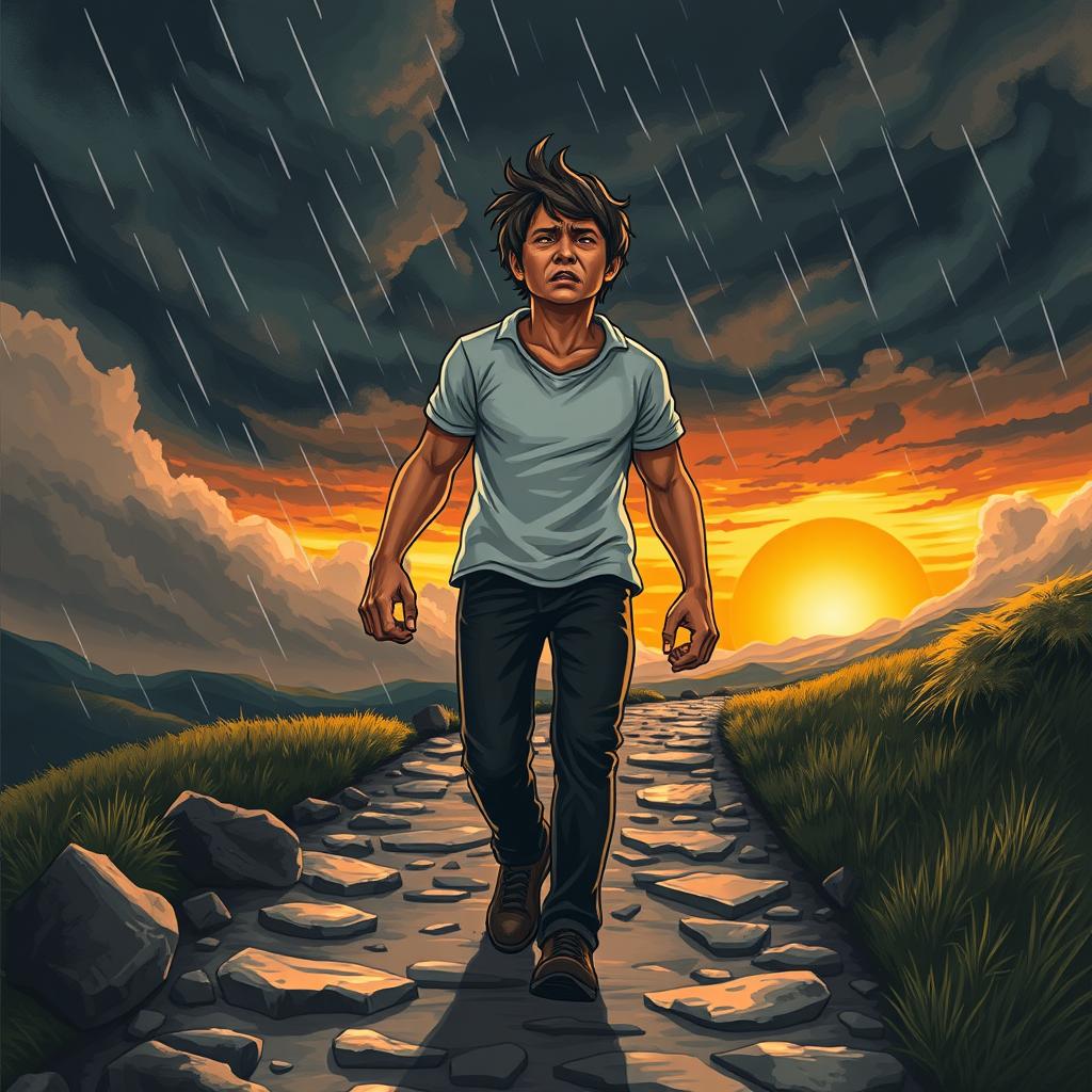 An inspiring scene depicting a person overcoming adversity, illustrated in a poignant and uplifting manner