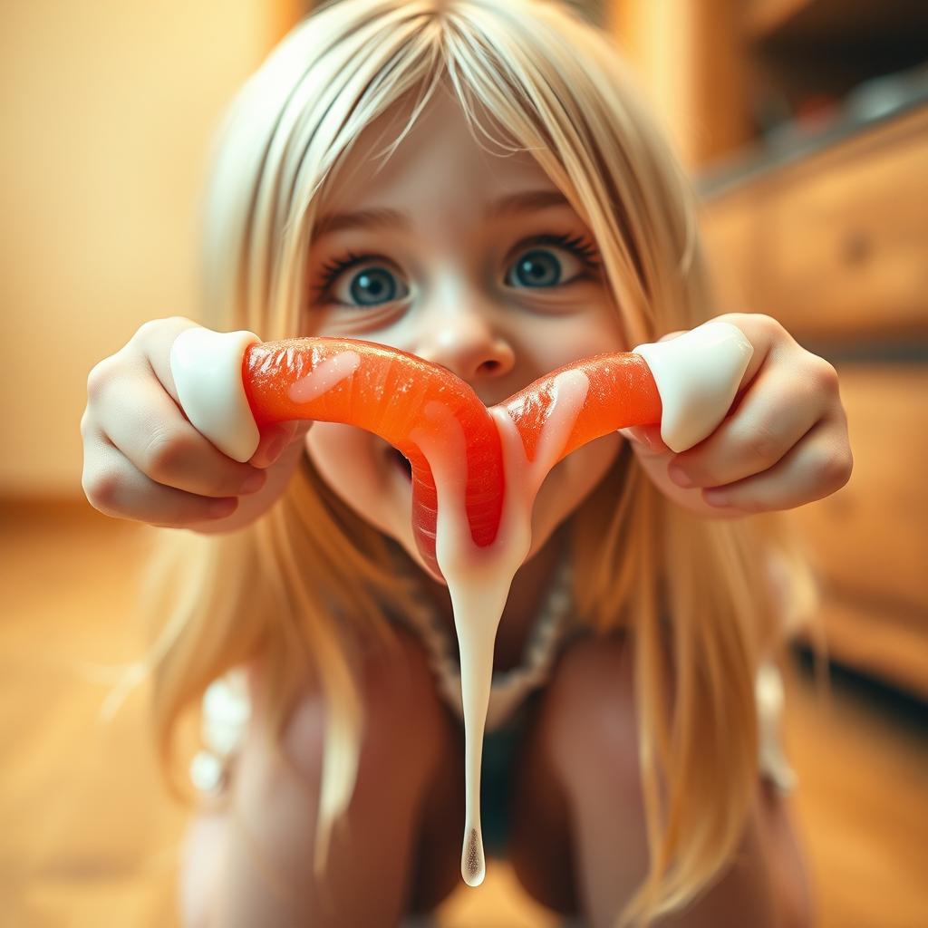 A close-up of a cute blonde girl kneeling and looking up with an excited expression