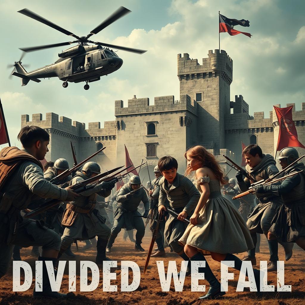 A gripping scene set in a dystopian world showcasing a battle between two opposing families at a converted castle, now repurposed as a fortress