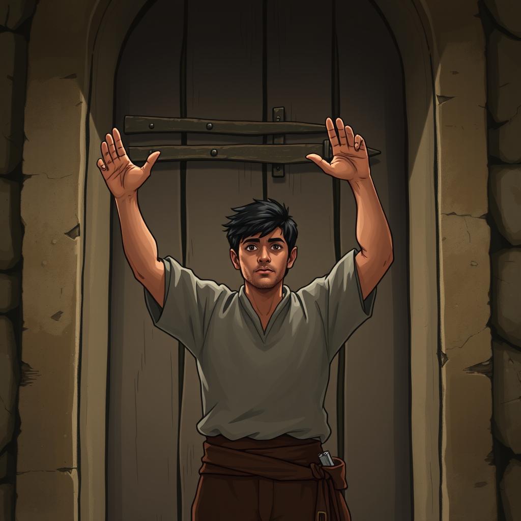 A scene depicting adult Santiago standing in front of a large door, raising his arms as if he is about to knock on it