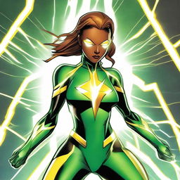 Light brown-skinned female in a green and black MCU-style technological superhero costume, with yellow lightning lines. The costume incorporates techno details symbolizing her connection to electricity, with yellow lightning-like eyes on a white background.