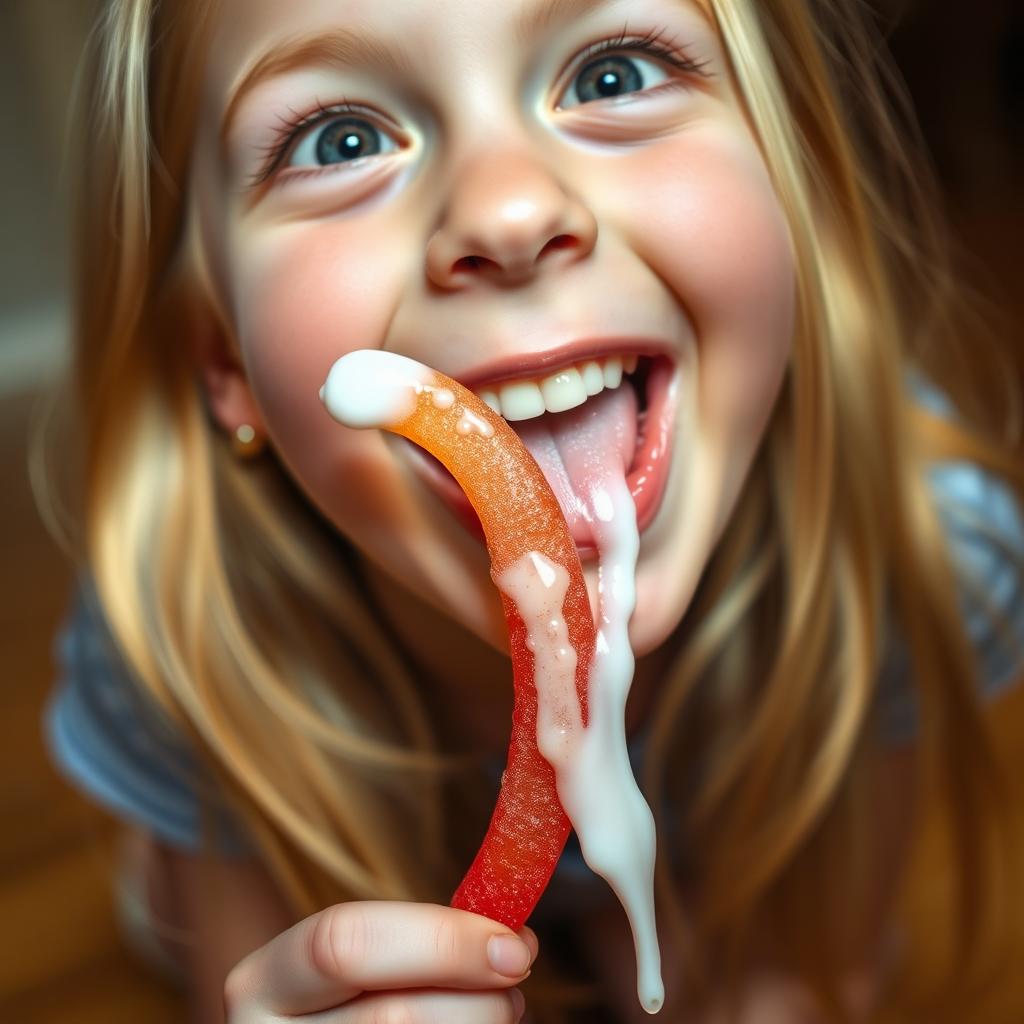 A close-up of a cute blonde girl kneeling and looking up with a cheerful expression