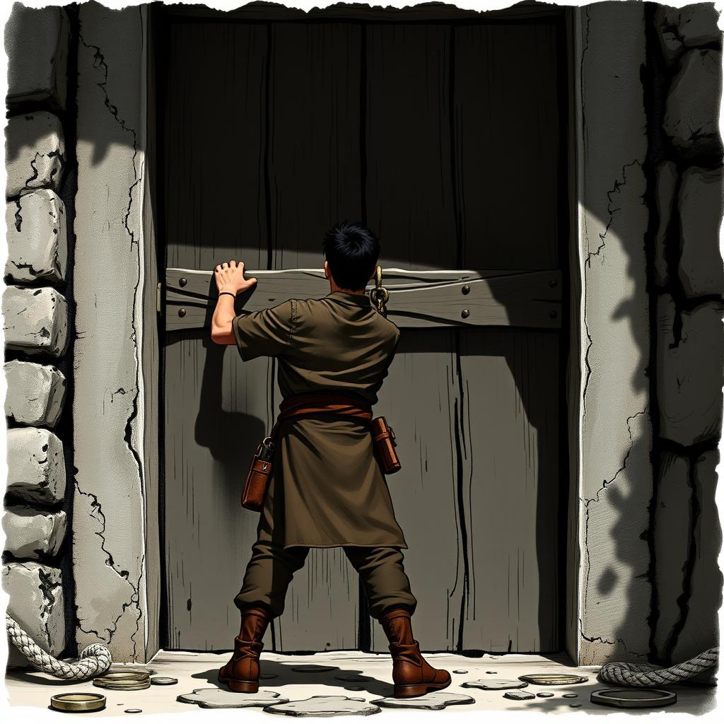 A scene of adult Santiago standing in front of a large door, forcefully knocking on it