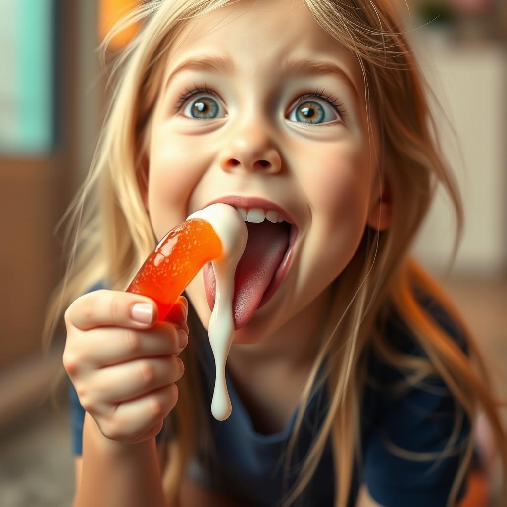 A close-up of a cute blonde girl kneeling and looking up with an excited expression