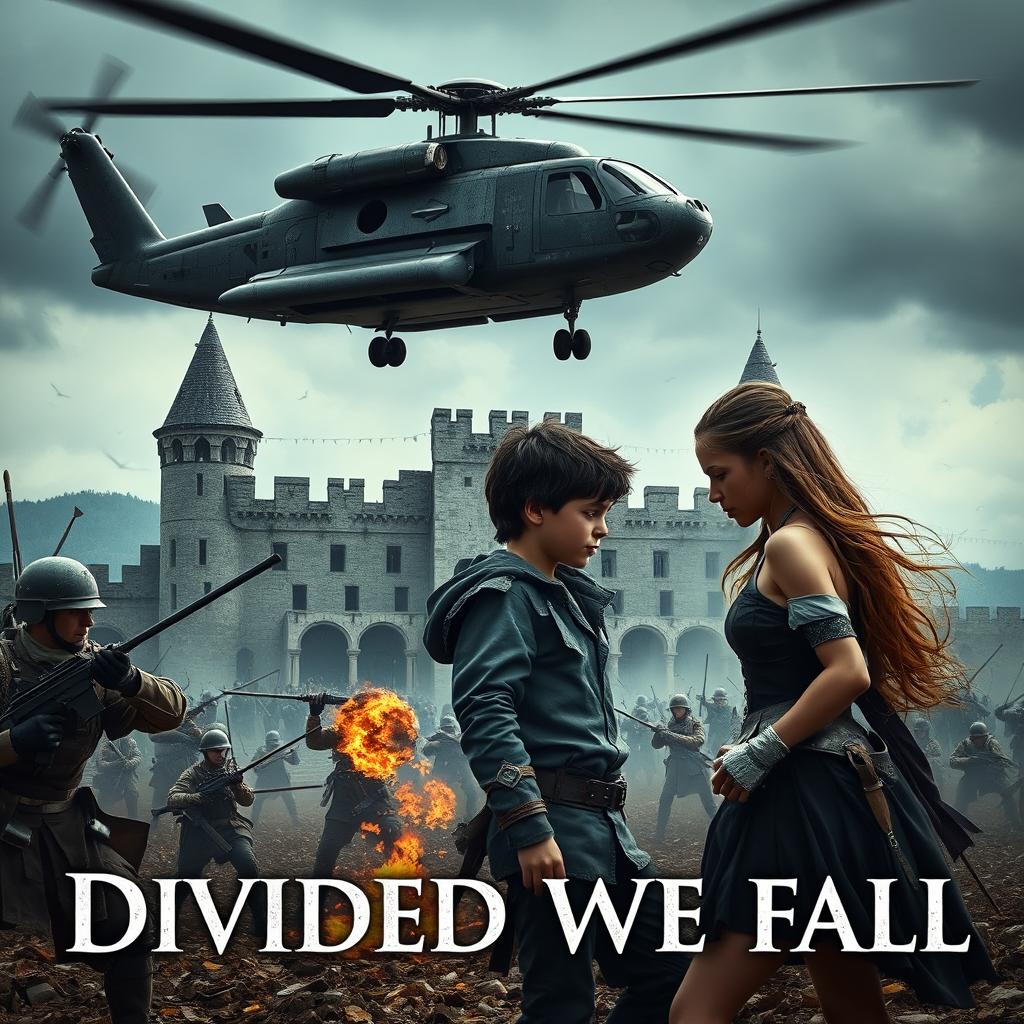 An intense dystopian scene showcasing a fierce battle between wealthy and impoverished families at an old, rebuilt castle, which looms ominously in the background