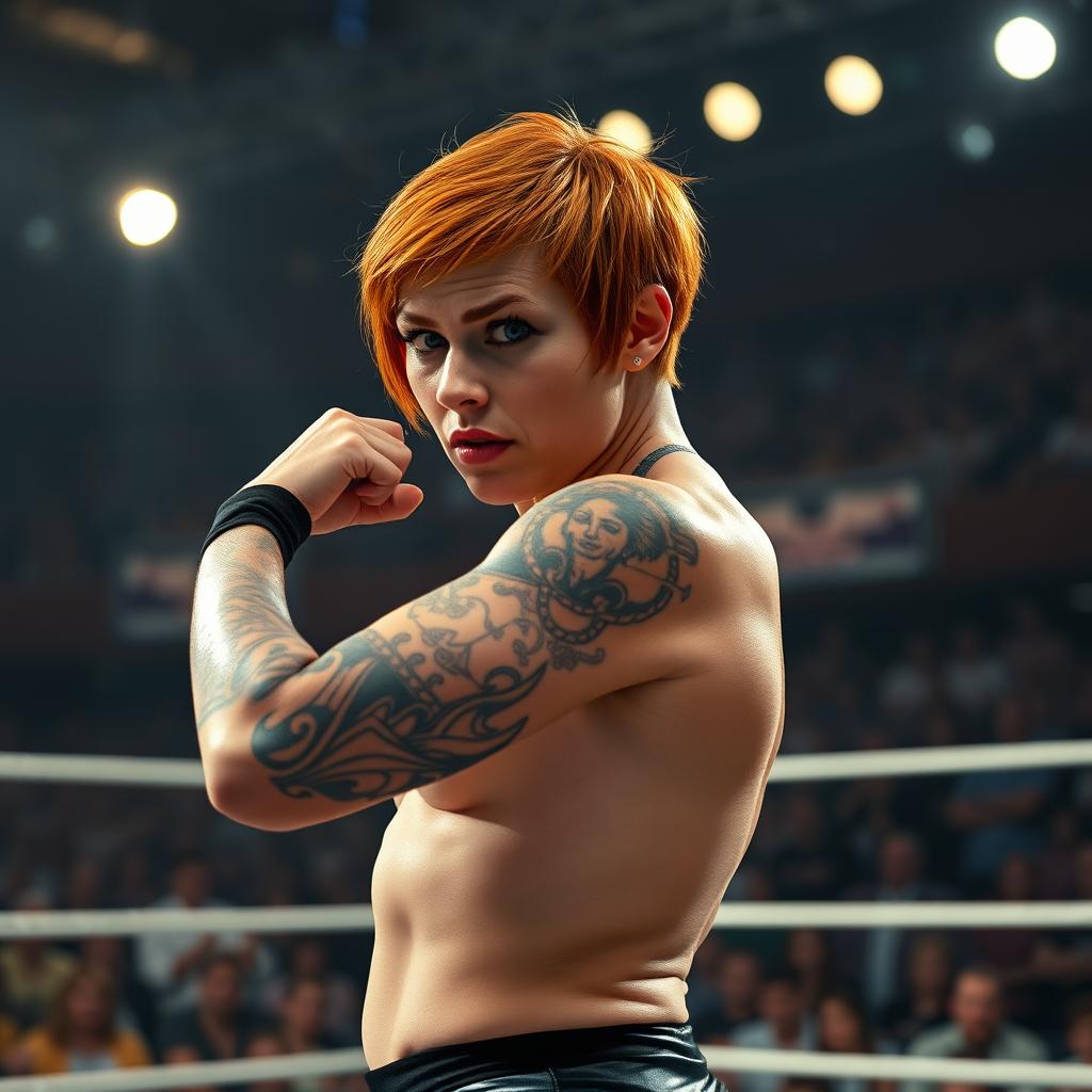A strong and determined female wrestler with ginger short hair, captured in a striking full-body pose