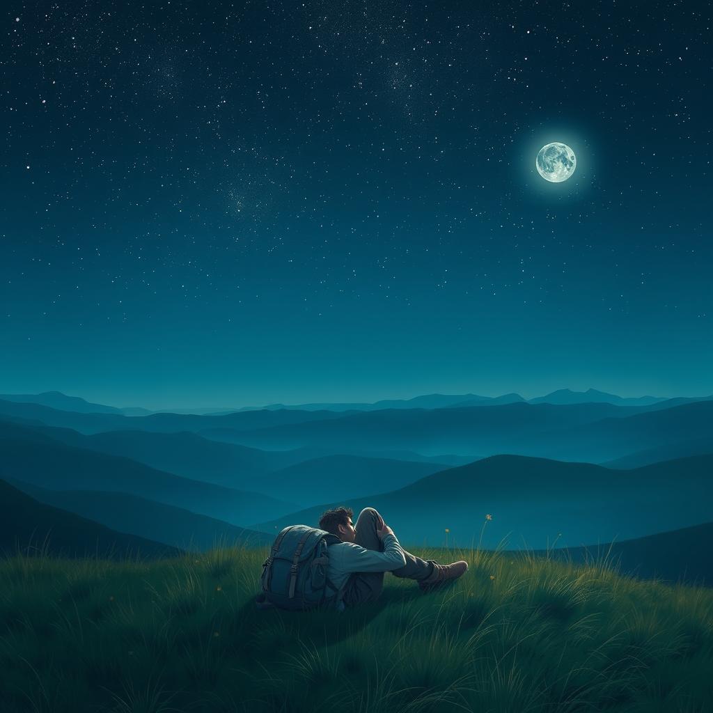 A serene landscape depicting a weary traveler resting on a grassy hill under a vast, starry sky