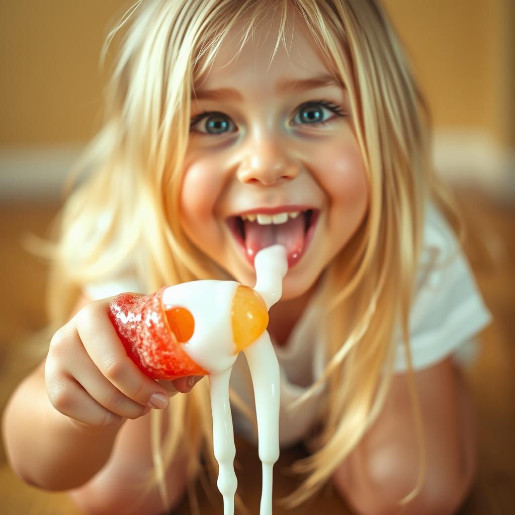 A close-up of a cute blonde girl kneeling and looking up with a playful expression