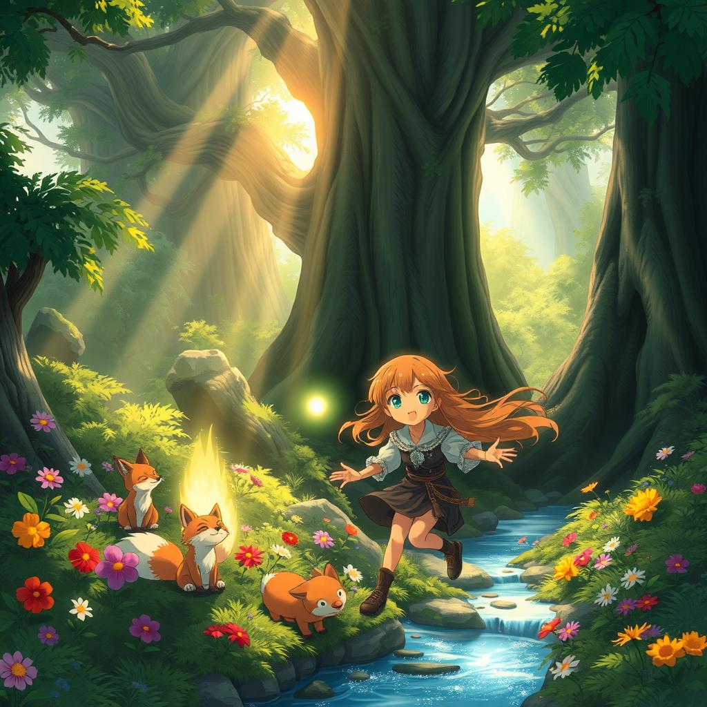 An enchanting anime scene in the style of Studio Ghibli, showcasing a magical forest with vibrant greenery and whimsical creatures