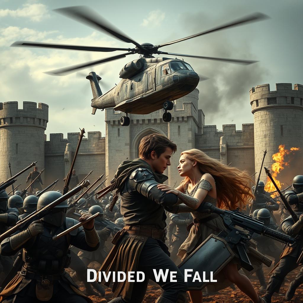 An intense dystopian battle scene unfolding at an old rebuilt castle, a symbol of past grandeur and current conflict, where rich and poor families clash in a desperate struggle for power