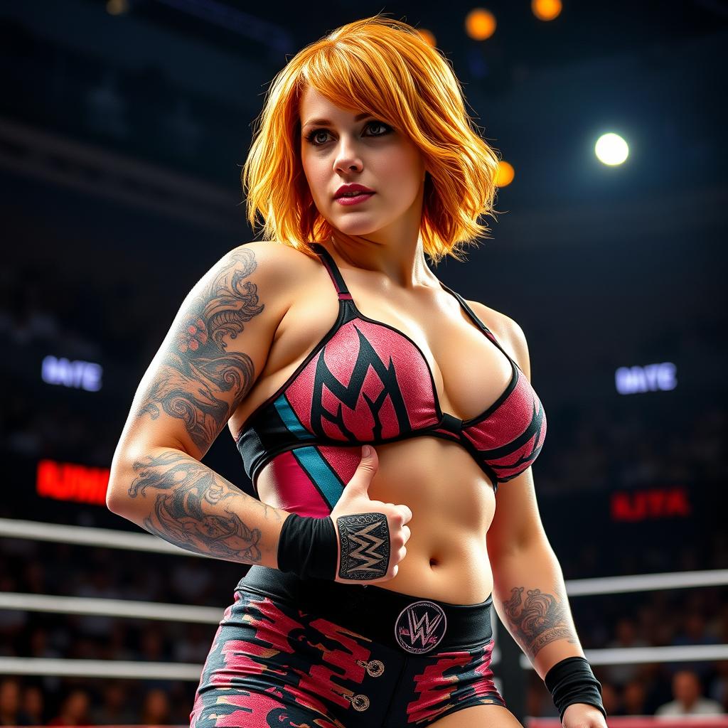 A confident female wrestler with striking ginger short hair, showcased in a dynamic full-length pose