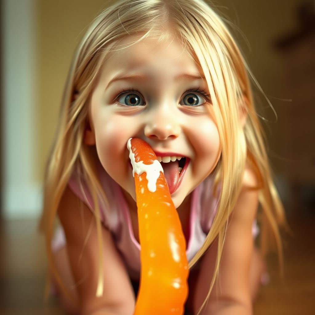 A close-up of a cute blonde girl kneeling and looking up with an eager expression