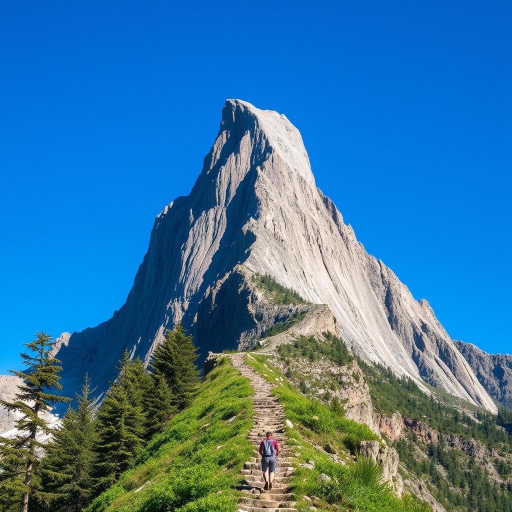A majestic and intimidating mountain towering against a clear blue sky, showcasing rugged cliffs and lush greenery at its base