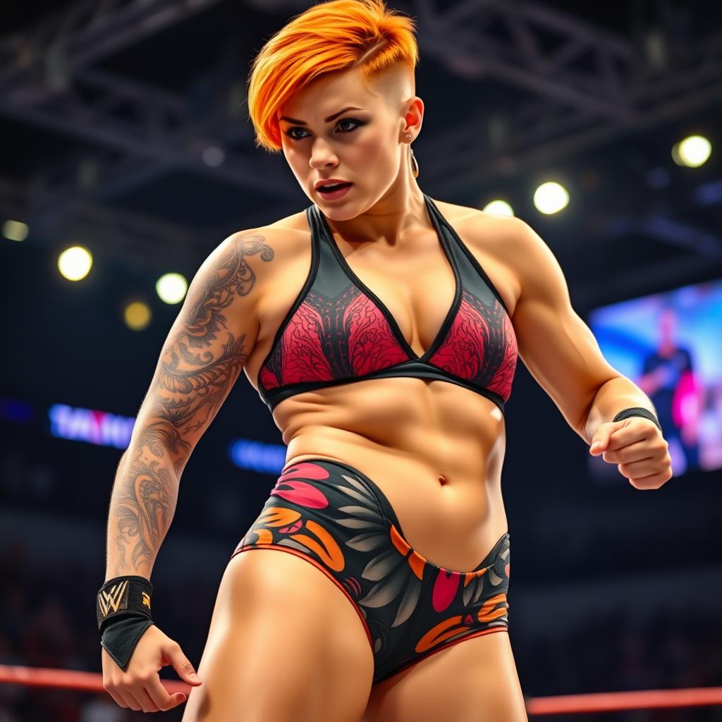 A powerful female wrestler with vibrant ginger short hair, captured in a full-length pose from head to toe