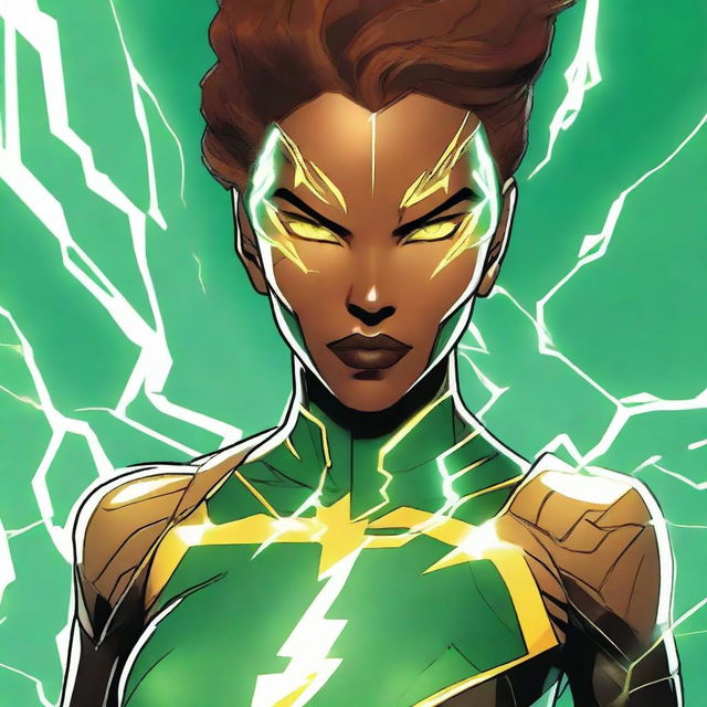 Light brown-skinned female in a green and black MCU-style technological superhero costume, with yellow lightning lines. The costume incorporates techno details symbolizing her connection to electricity, with yellow lightning-like eyes on a white background.