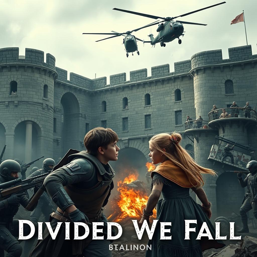 A dramatic dystopian battle scene set at an old rebuilt castle, where the stark divide between rich and poor families culminates in a fierce confrontation