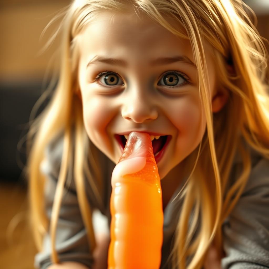 A close-up of a cute blonde girl kneeling and looking up with a joyful expression
