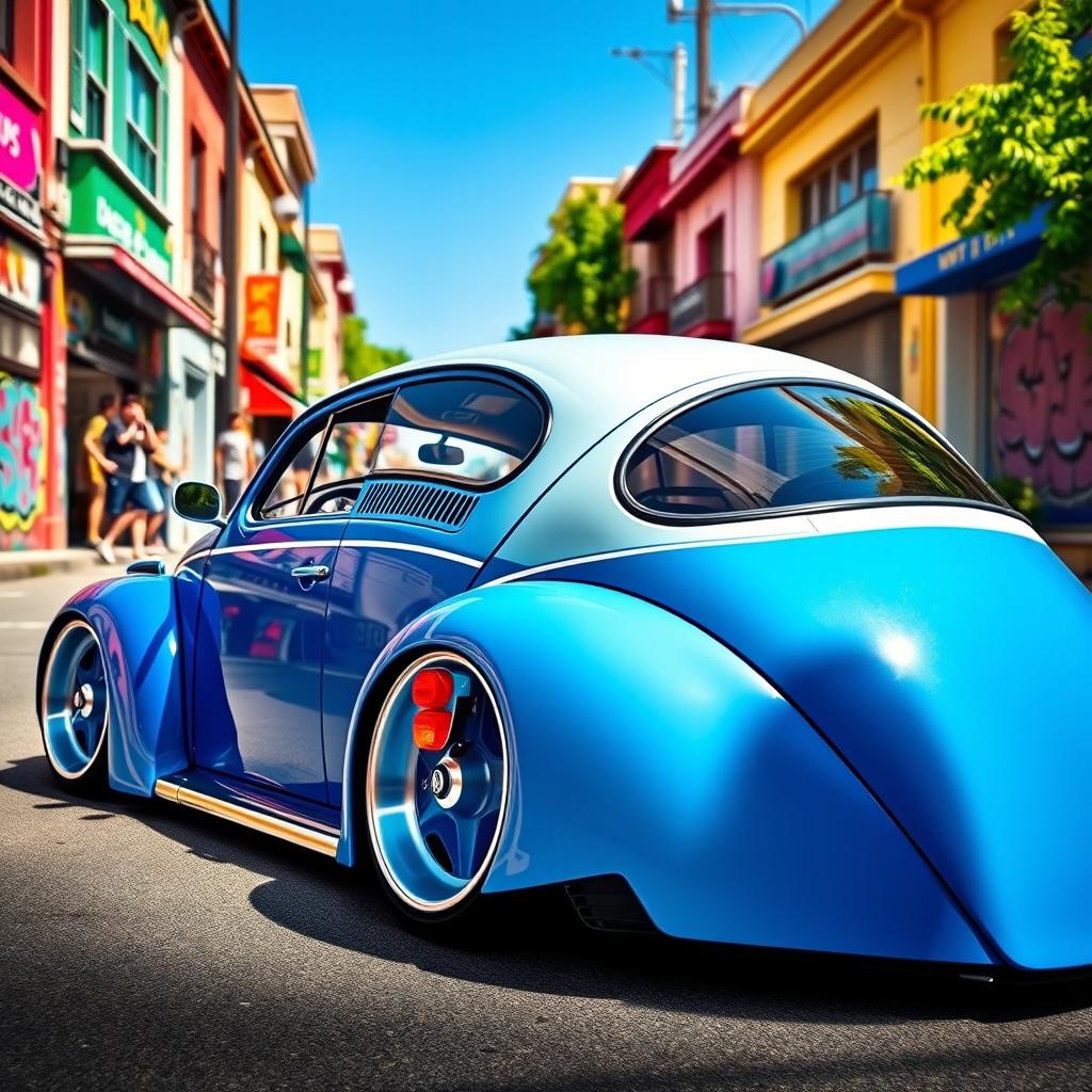 A stunning and vibrant image of a modern Fusca (Volkswagen Beetle), showcasing its uniquely designed features with a lowered stance and aggressive styling