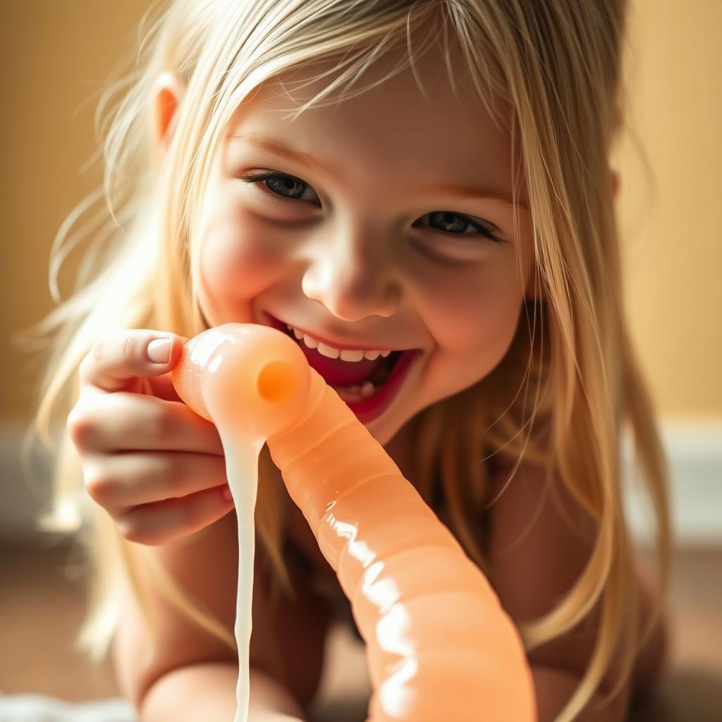 A close-up of a cute blonde girl kneeling and looking up with a cheerful expression