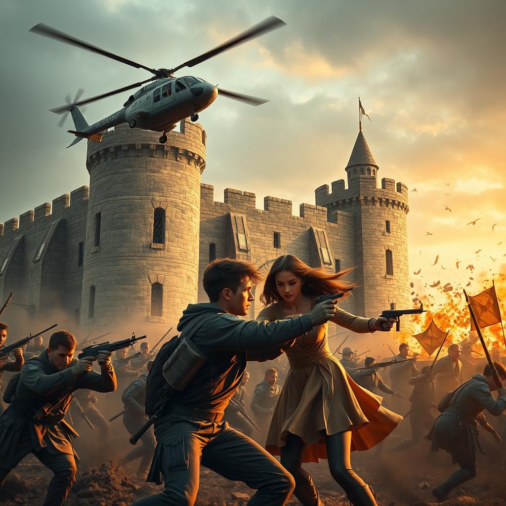 A gripping dystopian society depicted in a dramatic battle scene between modern rich and poor families, set against the backdrop of an ancient rebuilt castle that stands as a stark reminder of history and conflict